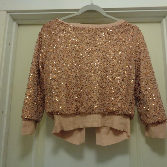 GLAMOUR CROP COPPER BEIGE BLING SEQUINS SWEATER M BY AMERICAN EAGLE OUTF… - Picture 5 of 5
